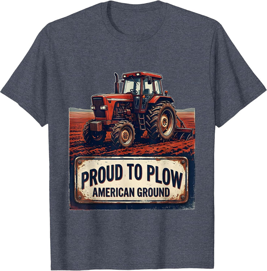 Proud To Plow American Ground Vintage Farmer Tractor T-Shirt - Heather Blue