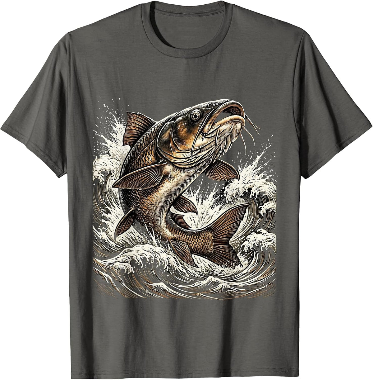 Tennessee River Catfish Leaping Rapids Illustration T-Shirt - Asphalt Grey