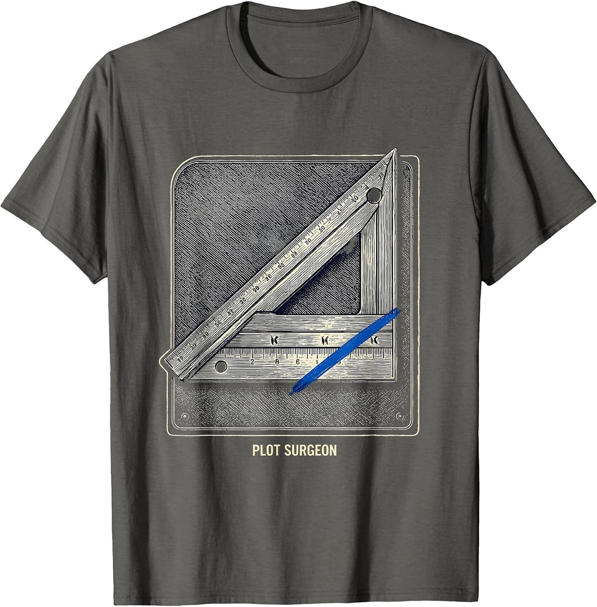 Plot Surgeon Crosshatch Etching Funny Writer Gift for T-Shirt - Asphalt Grey