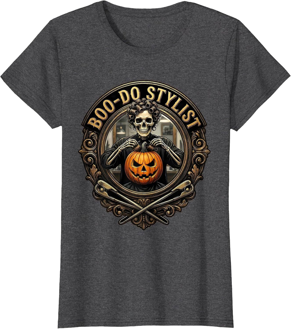 Women's Boo-Do Stylist Skeleton Hairstylist Halloween Barber Humor T-Shirt - Dark Heather Grey