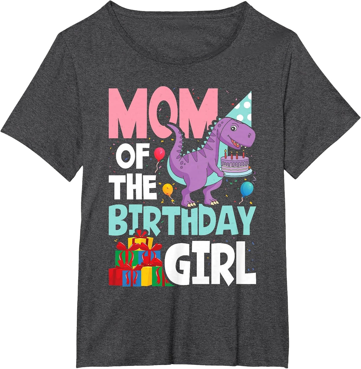 Mom of The Birthday for Girl Saurus Rex Dinosaur Party T-Shirt - Dark Heather Grey