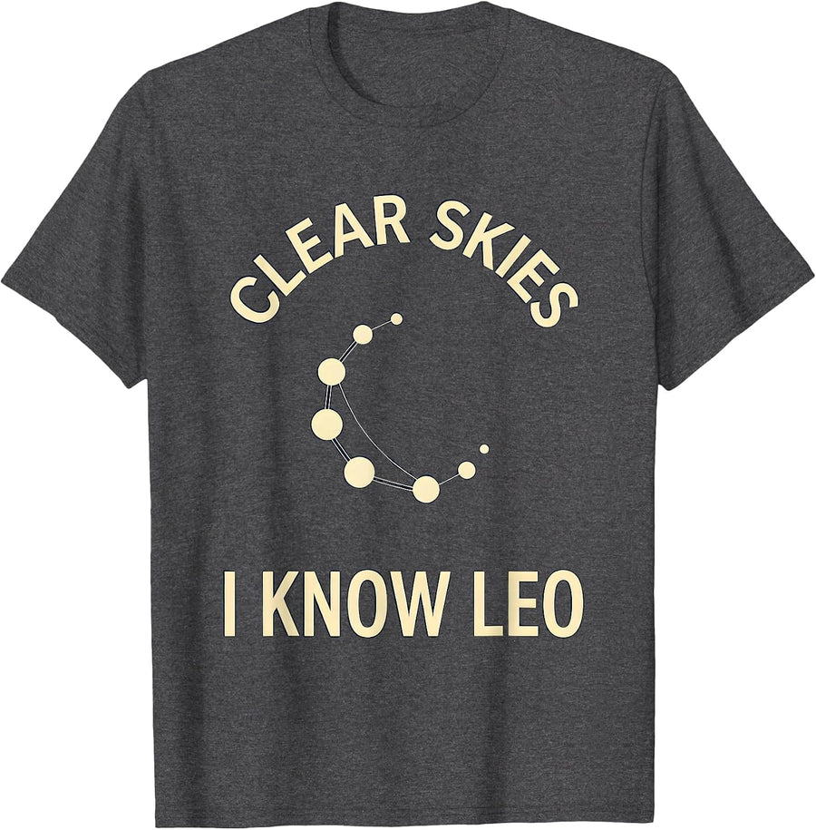 Men's Clear Skies — I Know Leo Constellation Astronomy Star Lover T-Shirt - Dark Heather Grey