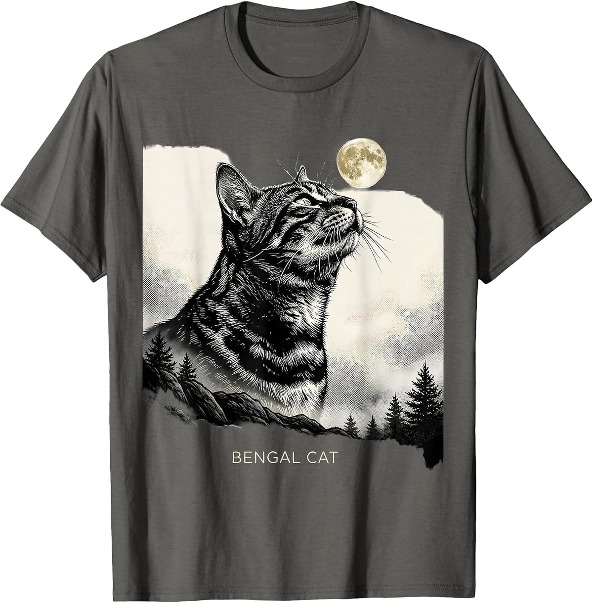 Men's Bengal Cat Howling at Moon Retro Fantasy Novelty T-Shirt - Asphalt Grey