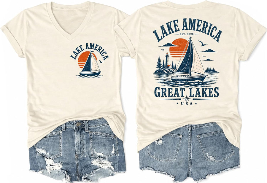 Lake America Shirt Vintage Lake America Graphic T-Shirts - Creamy Yellow V-neck