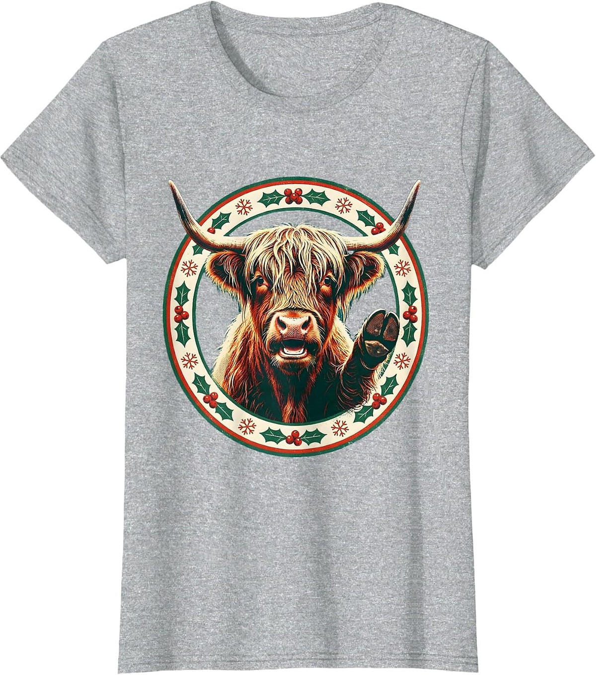 Highland Cow Holiday Badge Christmas Farm Animal Fan T-Shirt - Heather Grey