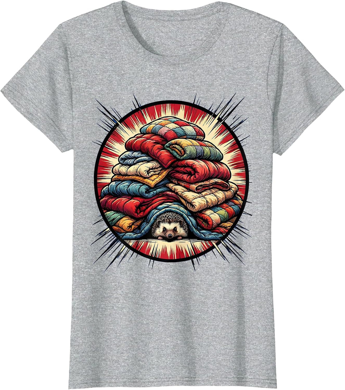 Women's Cozy Hedgehog Hiding Under Blanket Pile T-Shirt - Heather Grey