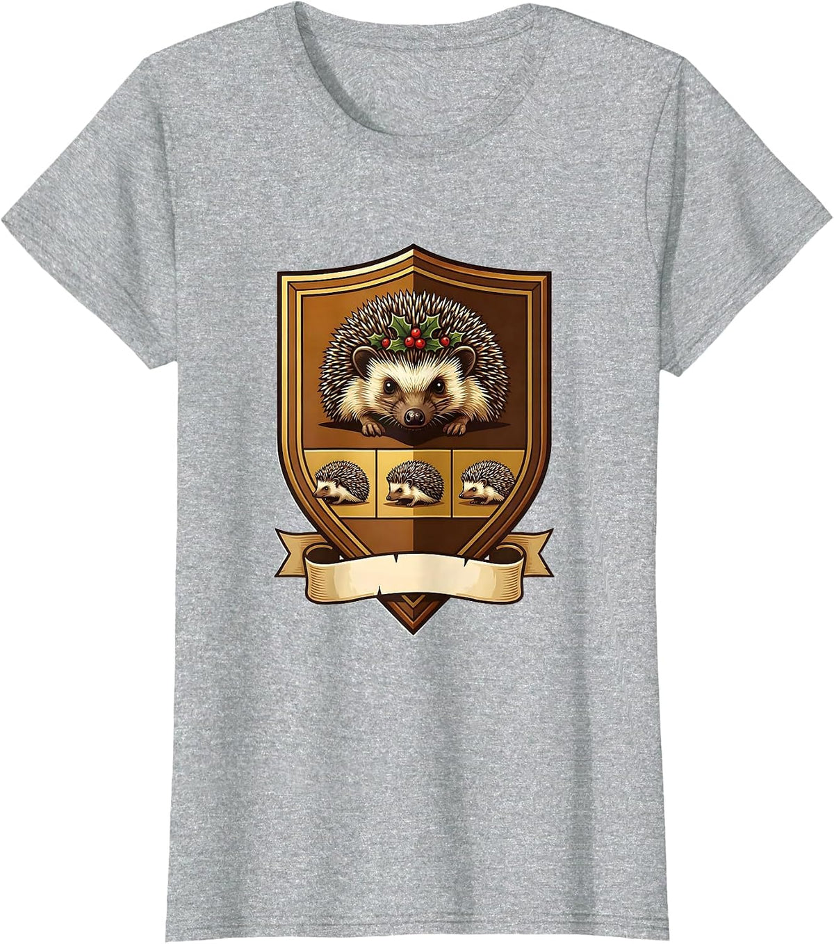 Women's Hedgehog Crest Emblem Cute Hedgehog Lover Christmas T-Shirt - Heather Grey