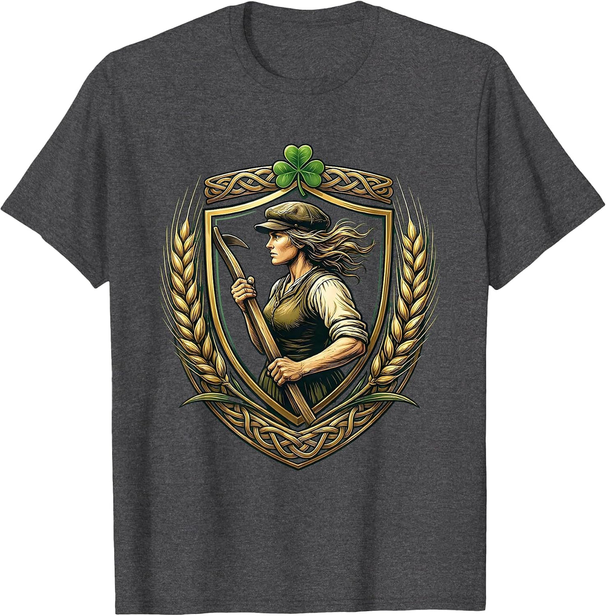 Irish Woman Farmer Plow Illustration T-Shirt - Dark Heather Grey
