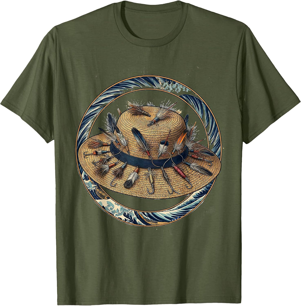 Fly Fishing Hat Lures Illustration T-Shirt - Olive Green