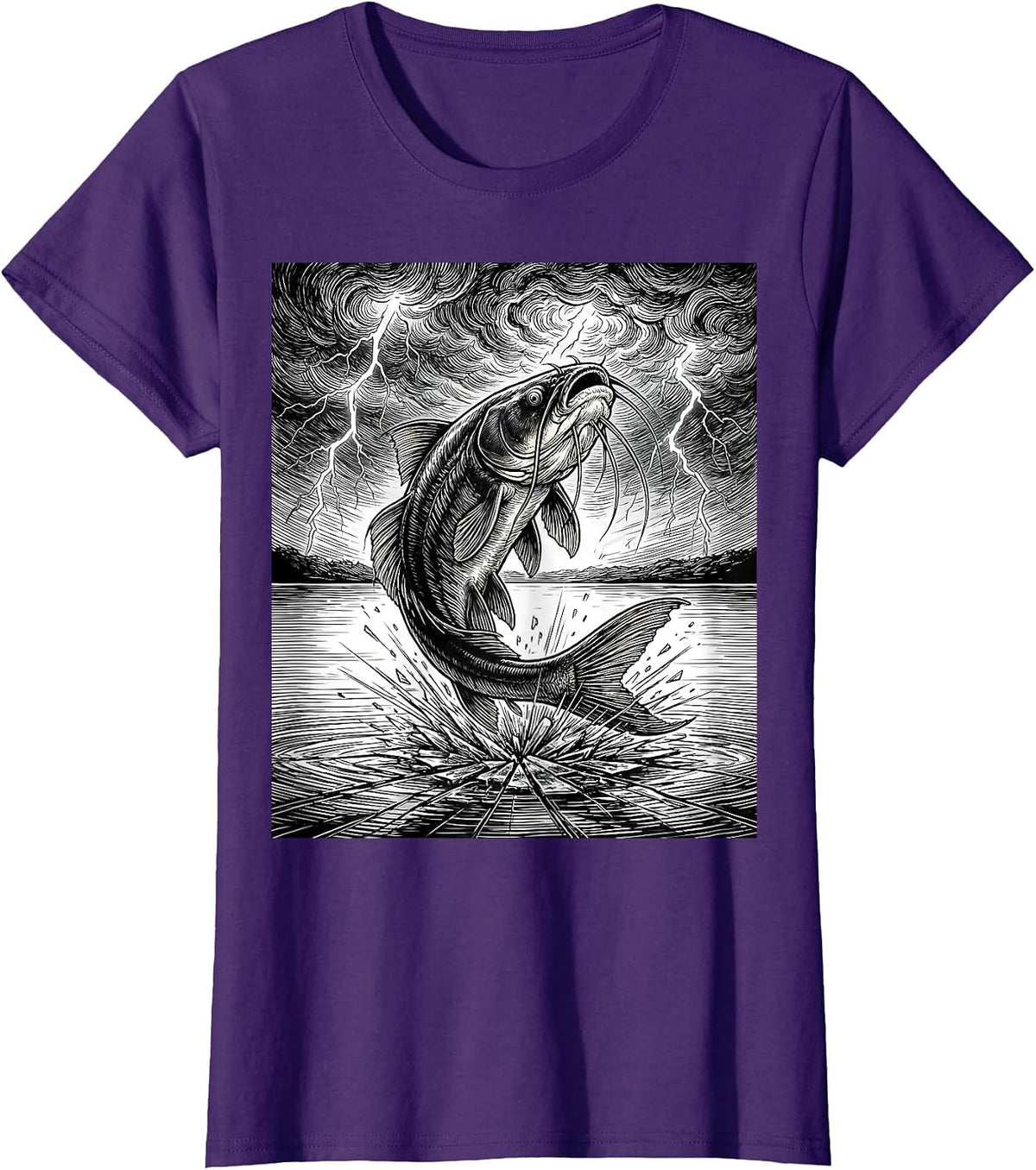 Women's Catfish Leaping From Lake Into Storm Graphic T-Shirt - Purple