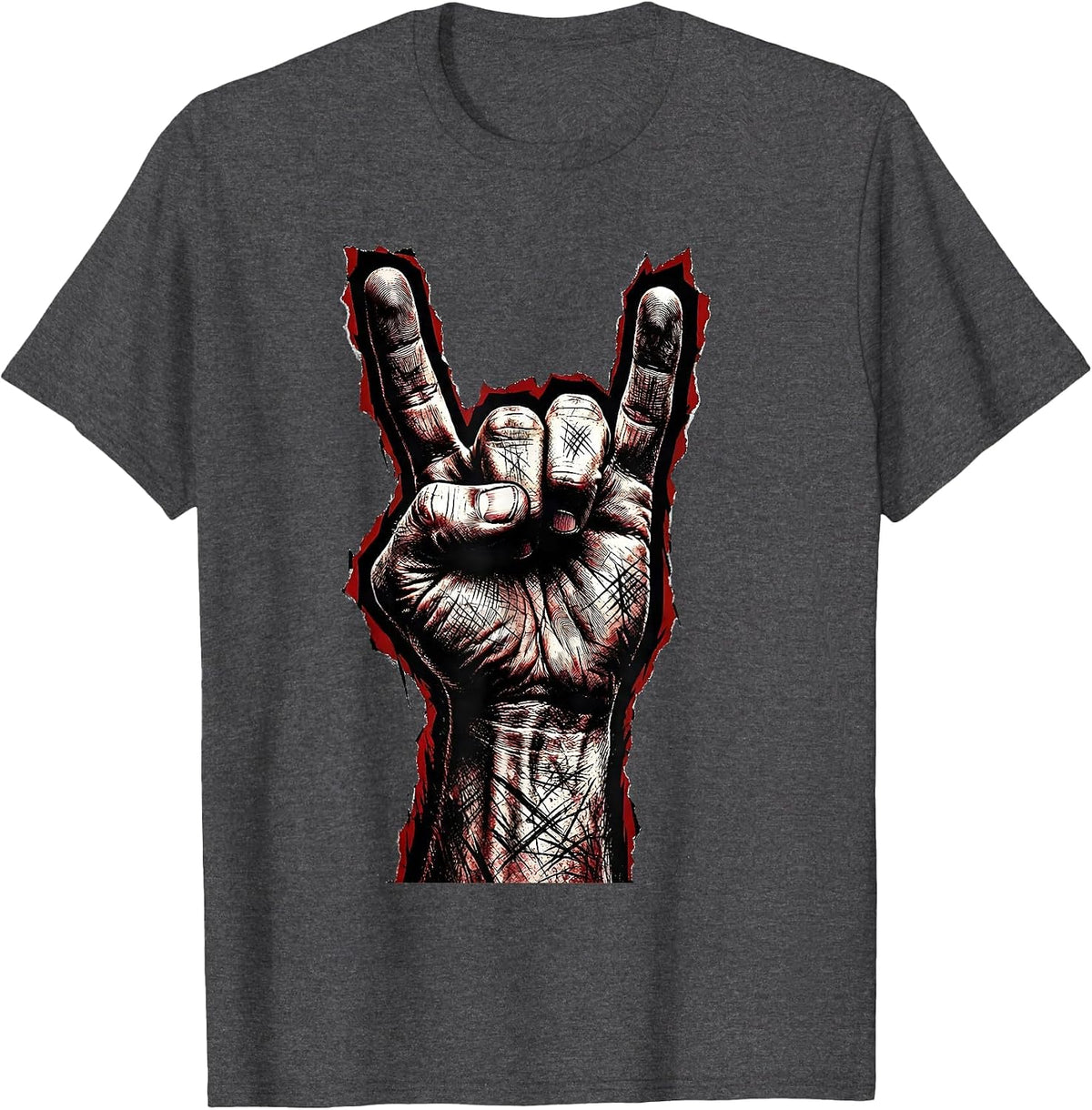 Giant Devil Horns Hand Heavy Metal Graphic T-Shirt - Dark Heather Grey