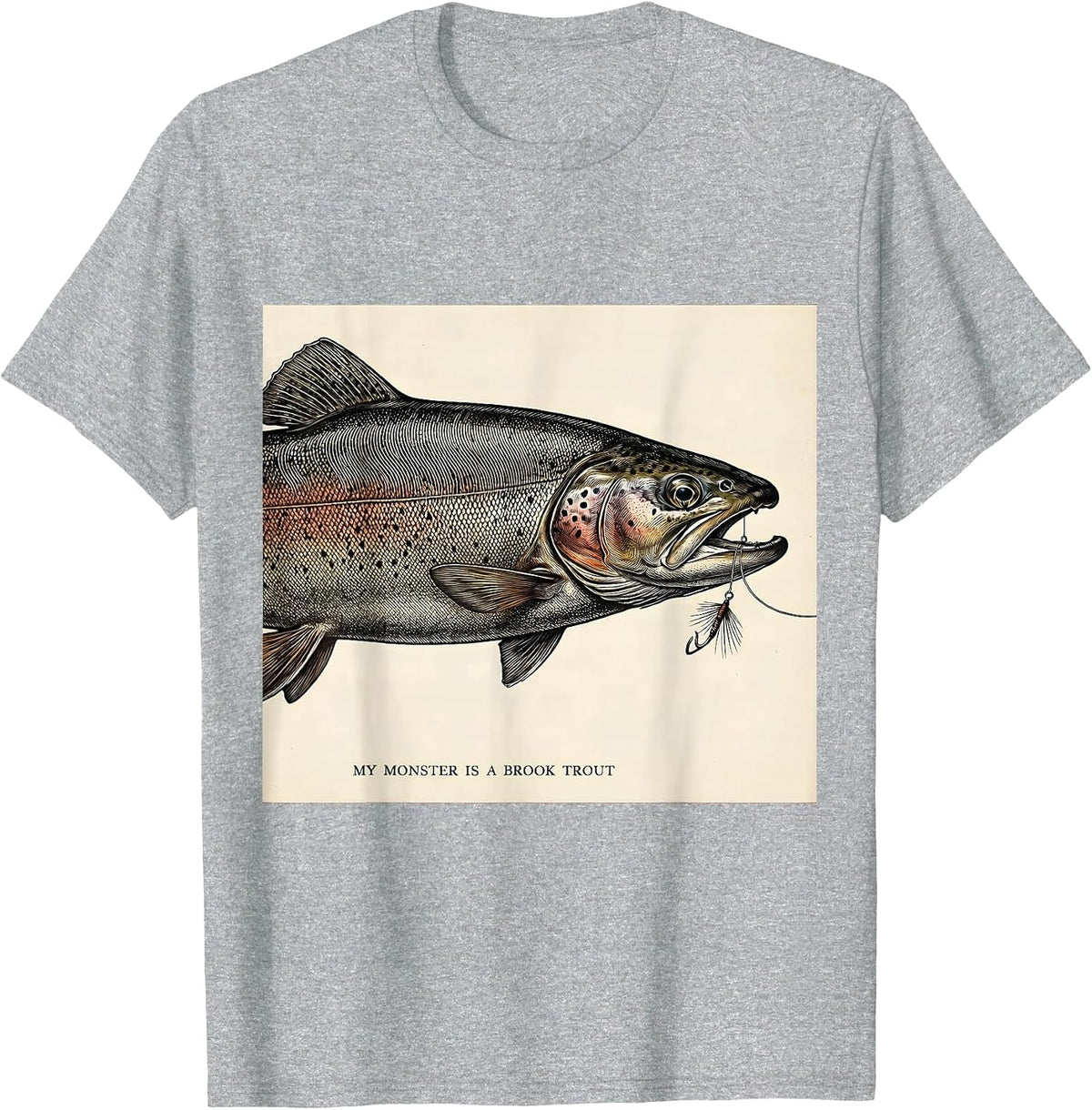 Men's My Monster Is A Brook Trout Spooky Halloween Fishing Humor T-Shirt - Heather Grey