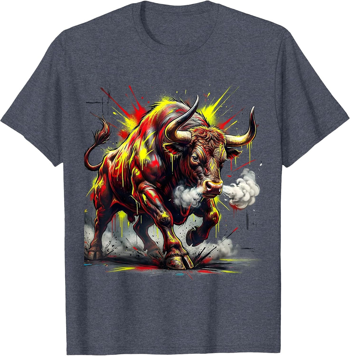 Angry Charging Bull with Steam Snorting Graphic T-Shirt - Heather Blue