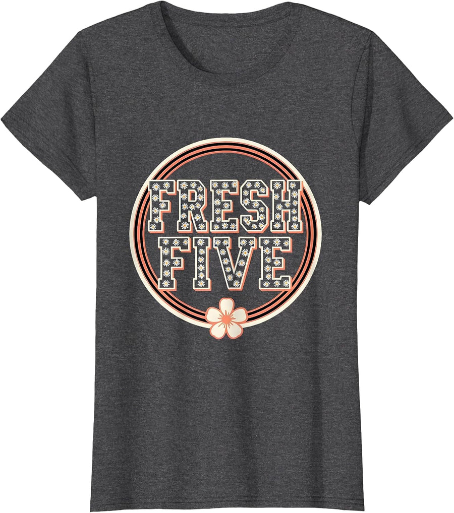 Women's FRESH FIVE Retro Flower Power Fifth 5th Grade Back To School T-Shirt - Dark Heather Grey