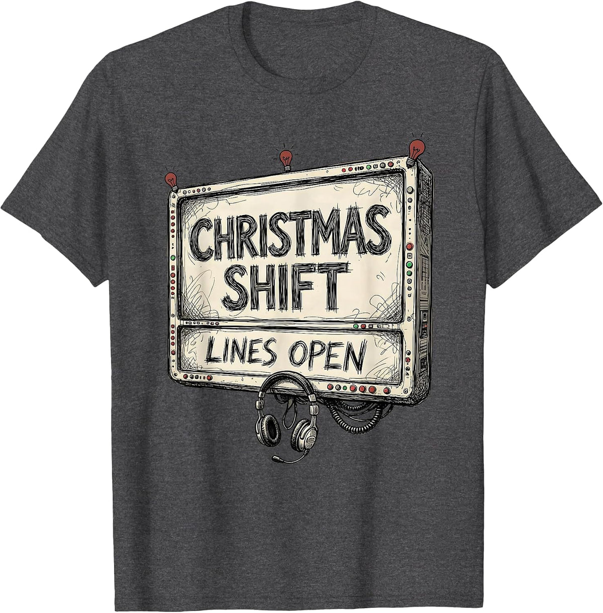 Men's Christmas Shift Lines Open Funny 911 Dispatcher Christmas T-Shirt - Dark Heather Grey
