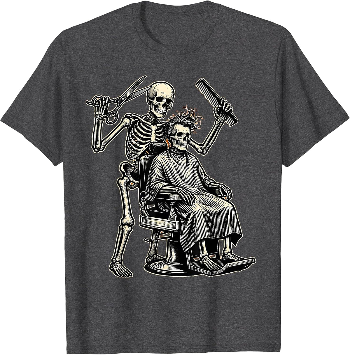 Men's Skeleton Barber Haircut Funny Halloween Graphic T-Shirt - Dark Heather Grey
