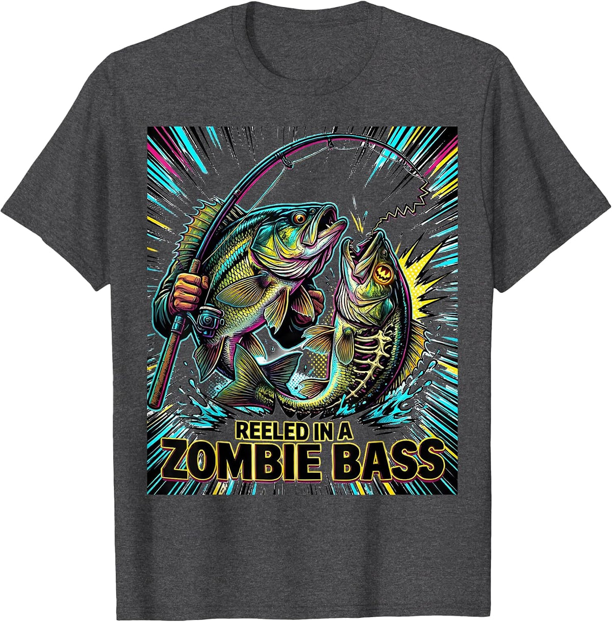 Reeled In A Zombie Bass Pop Art Halloween Fishing Men Boys T-Shirt - Dark Heather Grey