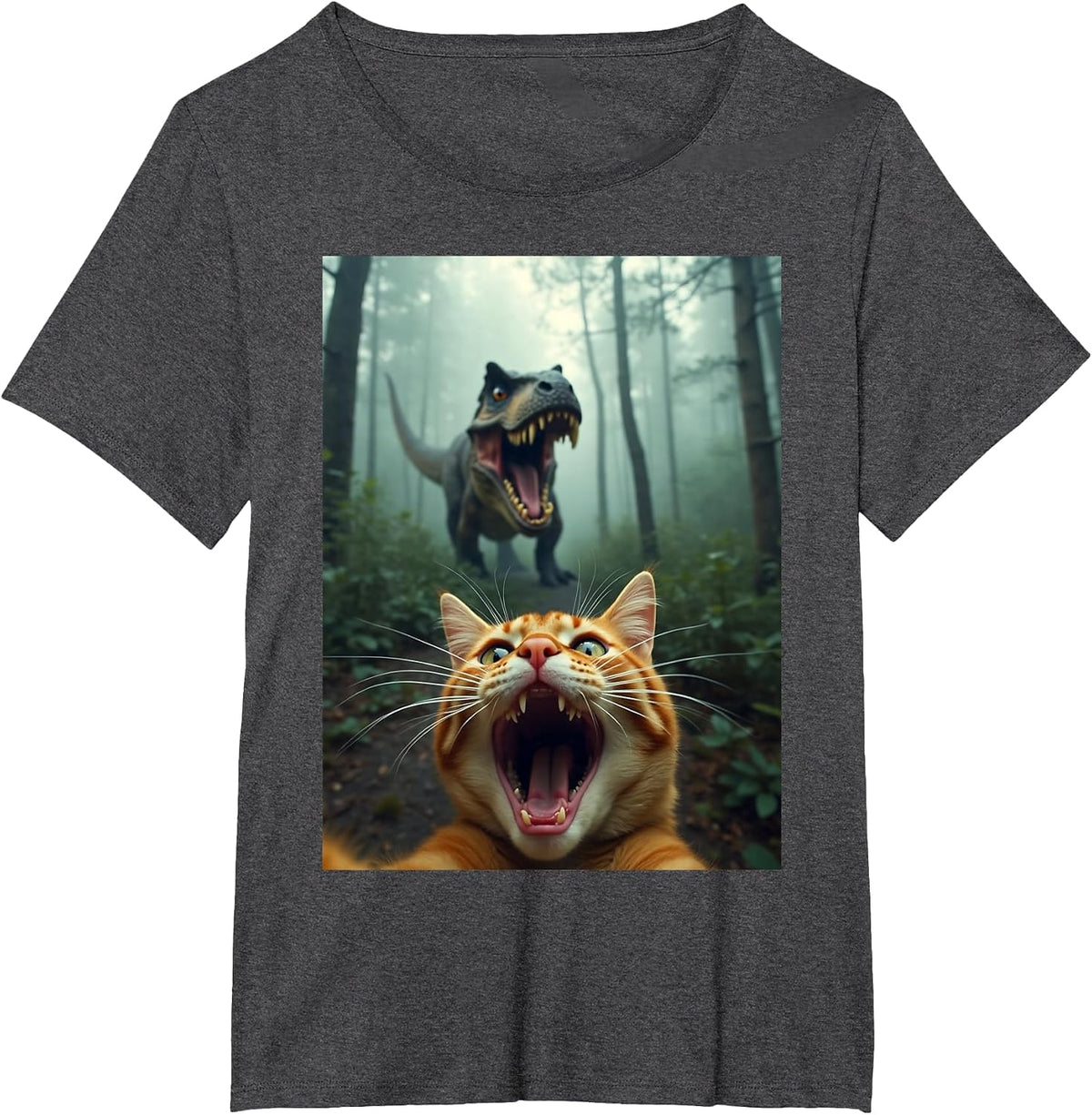 Cat Selfie with T-Rex Dinosaur T-Shirt - Dark Heather Grey