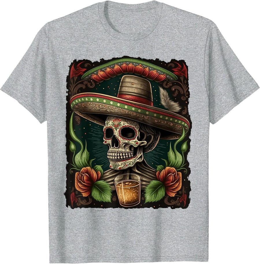 Mexican Sugar Skull Tequila Sombrero Cinco De Mayo Men Women T-Shirt - Heather Grey