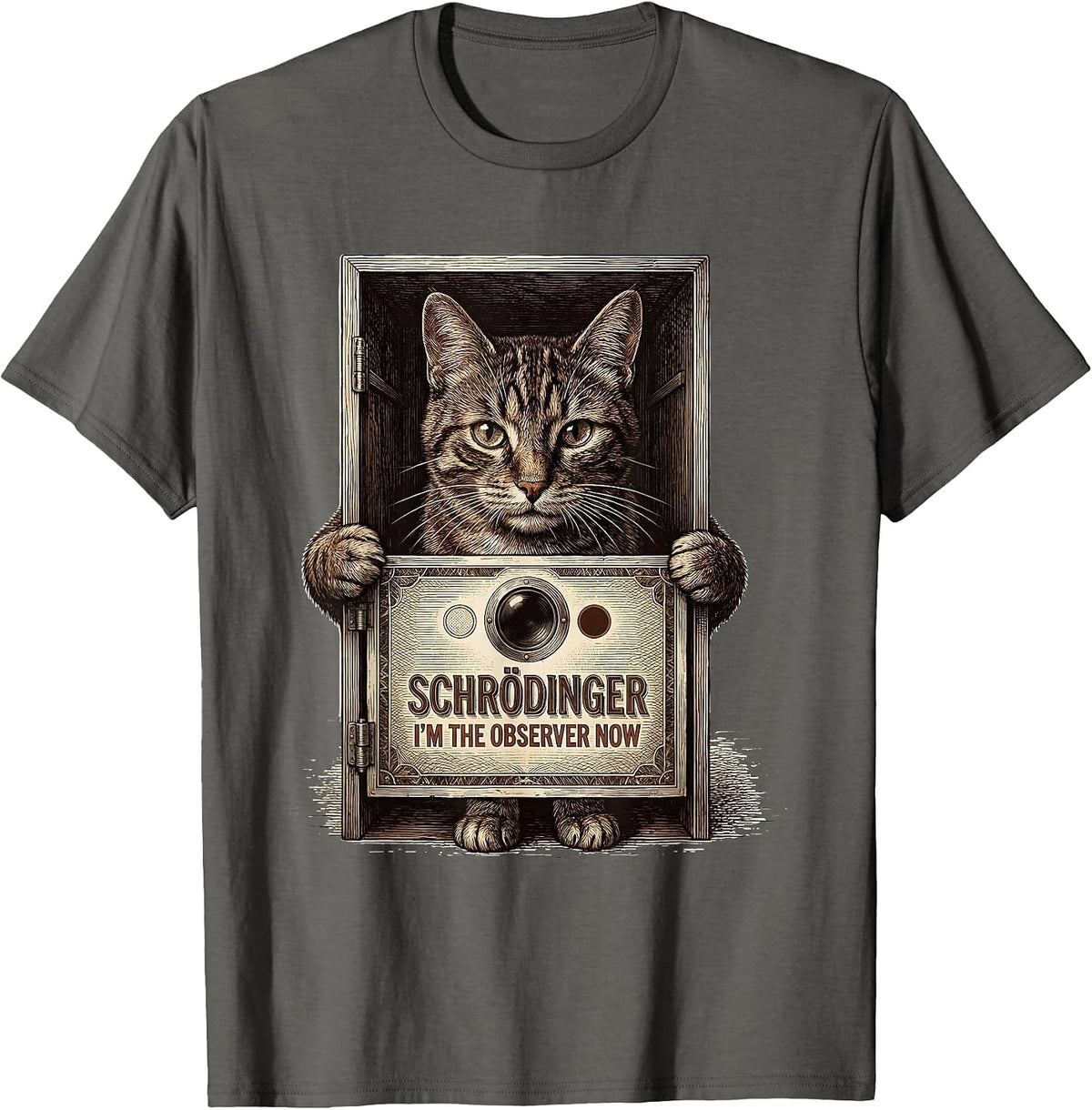 Schrödinger, I’m the Observer Now Funny Quantum Physics Cat T-Shirt - Asphalt Grey