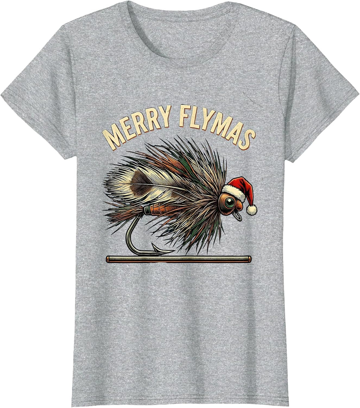 Women's Merry Flymas Vintage Fishing Fly Christmas Humor Ugly T-Shirt - Heather Grey