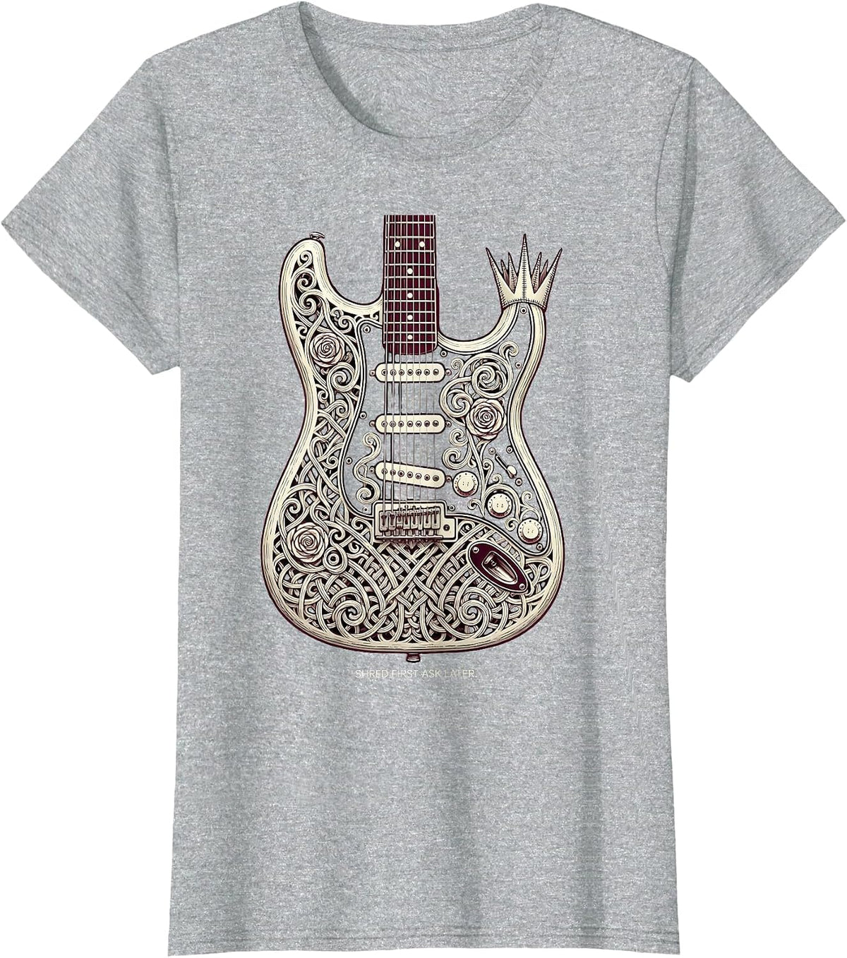Women's Shred First Ask Later Heavy Metal Guitar Design T-Shirt - Heather Grey