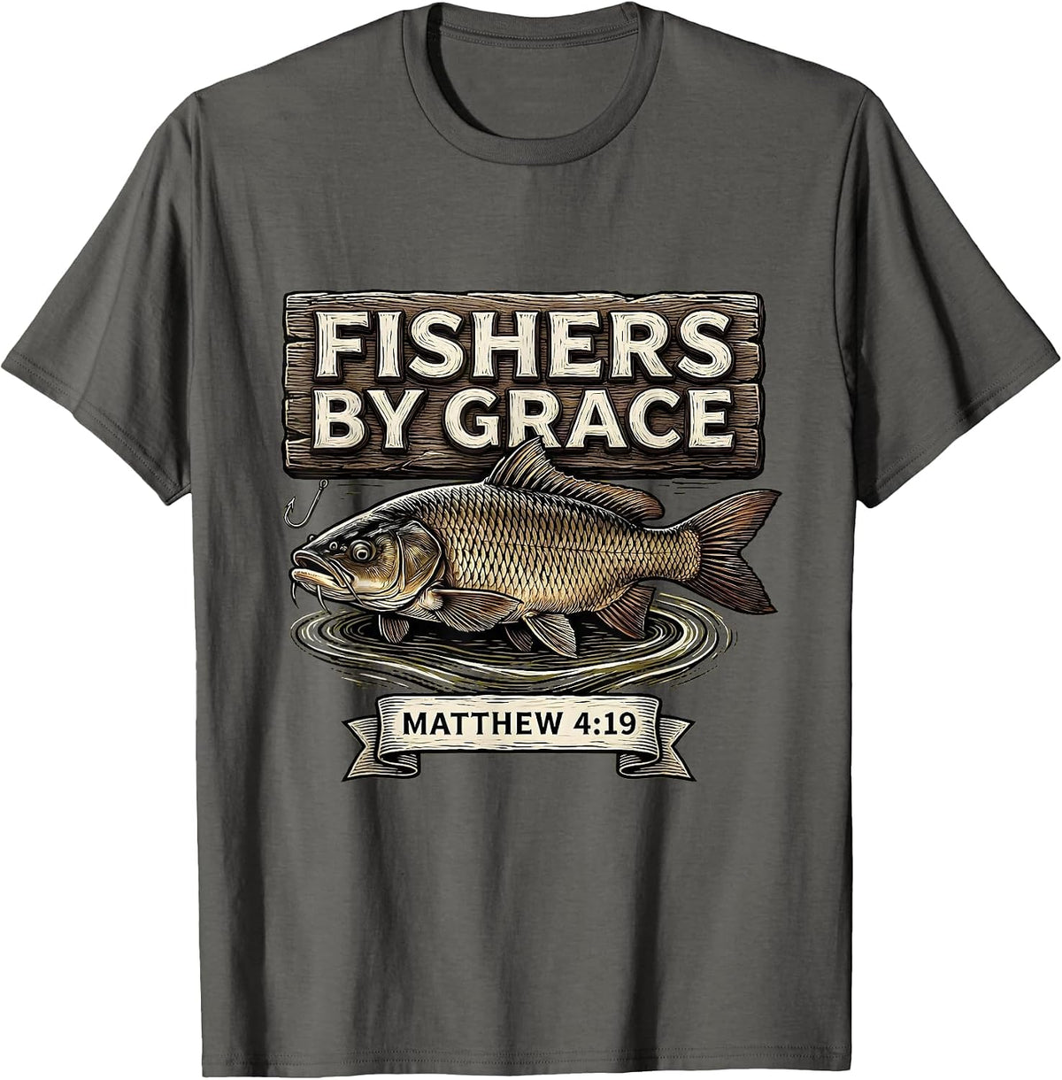 Men's Fishers By Grace Matthew 4:19 Christian Fishing Father T-Shirt - Asphalt Grey