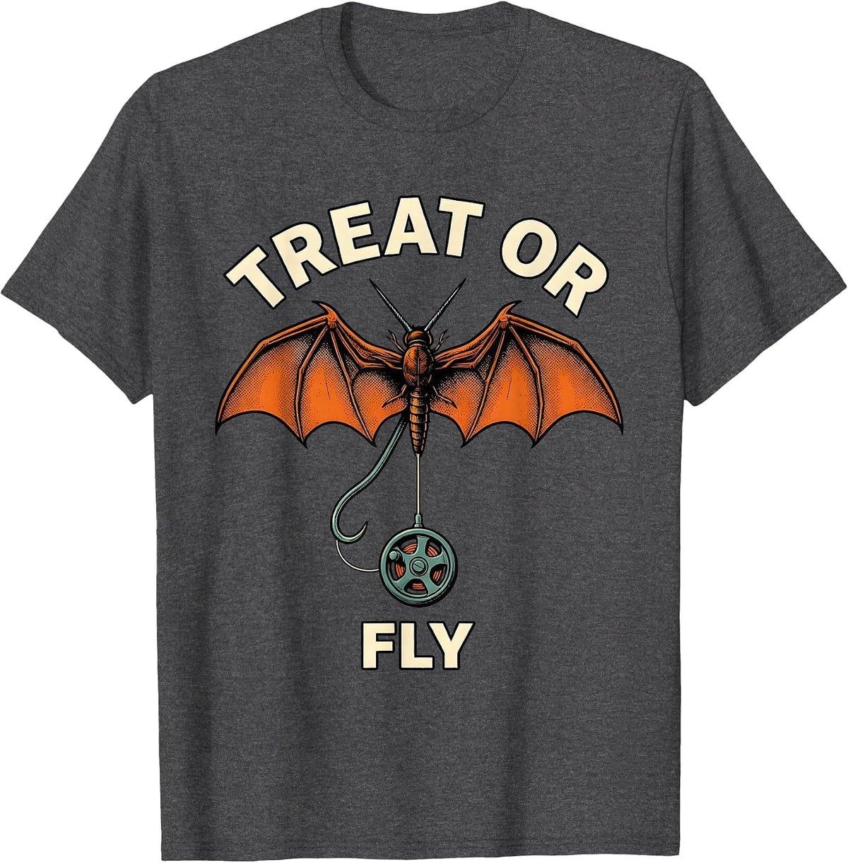 Treat Or Fly Spooky Halloween Fishing Angler Gift T-Shirt - Dark Heather Grey