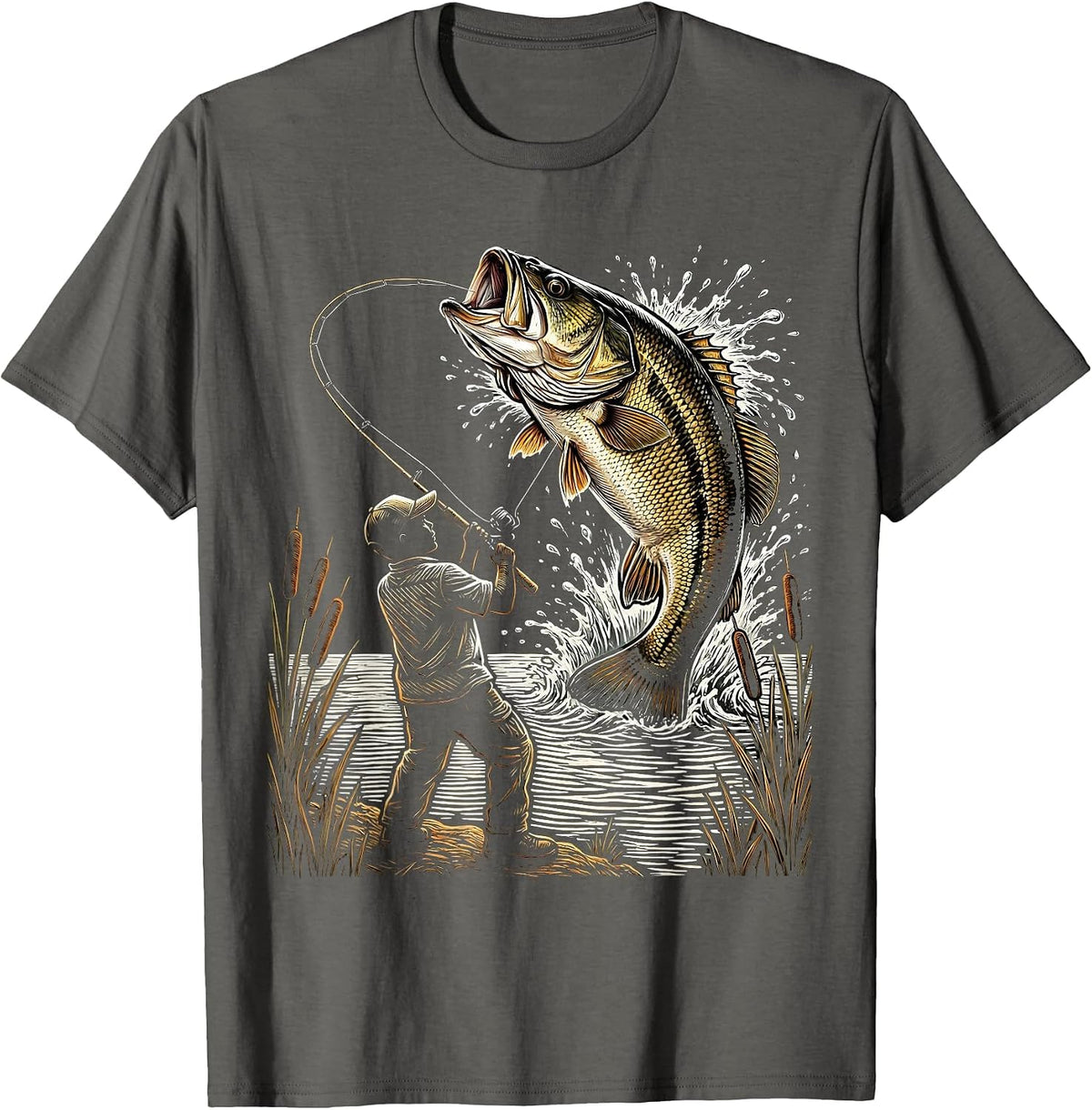 Men's Kids Fishing Reeling In Giant Bass Graphic T-Shirt - Asphalt Grey