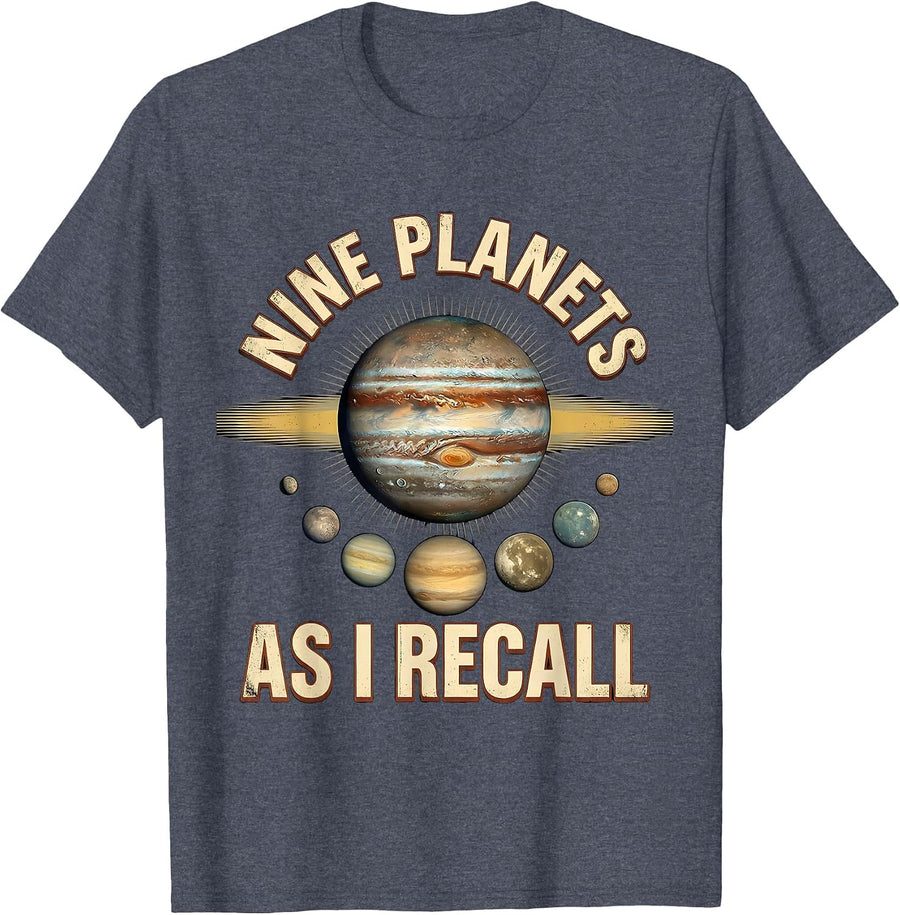 Nine Planets, As I Recall Vintage Funny Solar System Pluto T-Shirt - Heather Blue