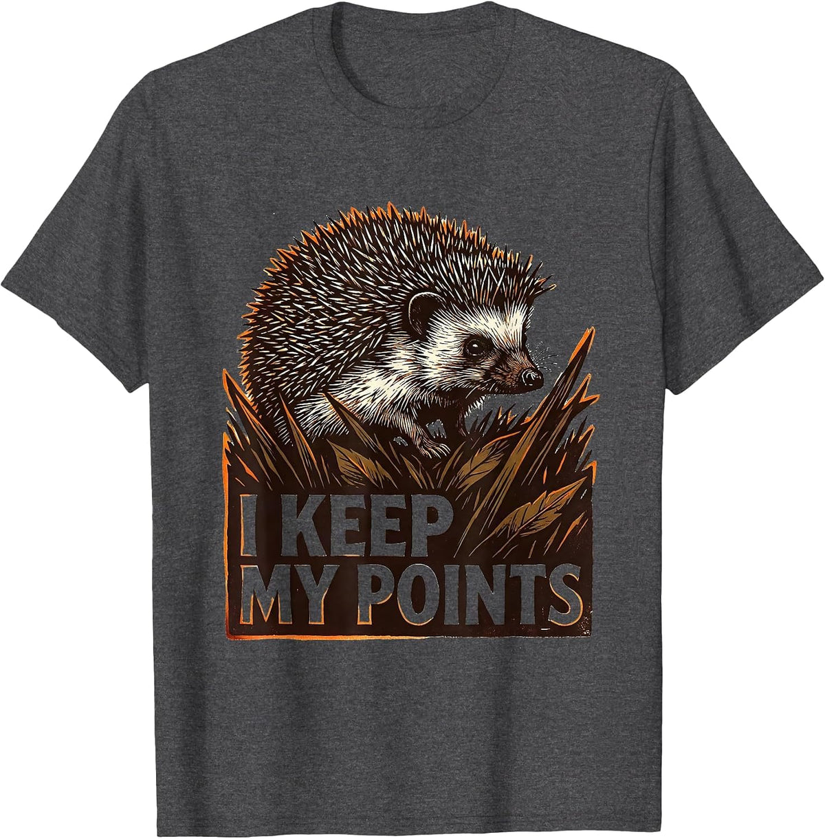 I Keep My Points Linocut Cute Hedgehog Animal Humor Gift T-Shirt - Dark Heather Grey