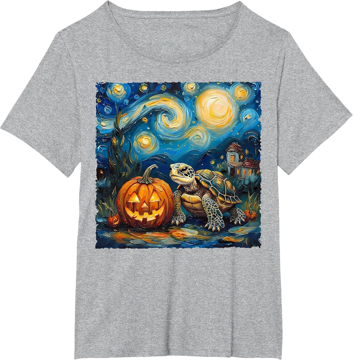 Turtle Pumpkin Van Gogh Starry Night Style Artwork Halloween T-Shirt - Heather Grey