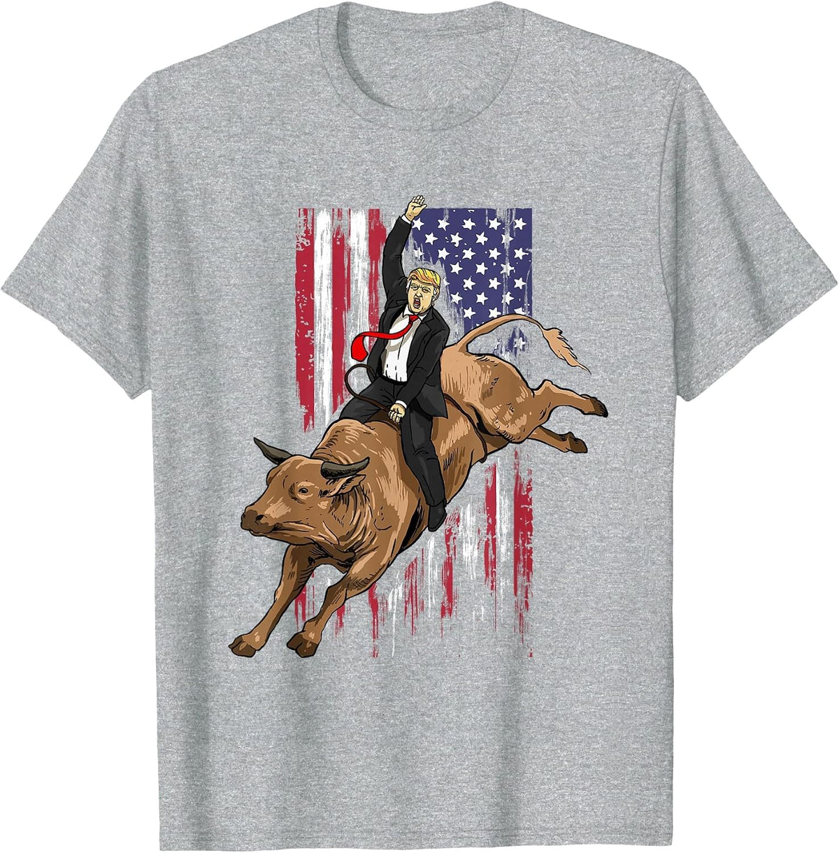 Trump Rodeo Bull Rider Patriotic American Flag Trump Cowboys T-Shirt - Heather Grey