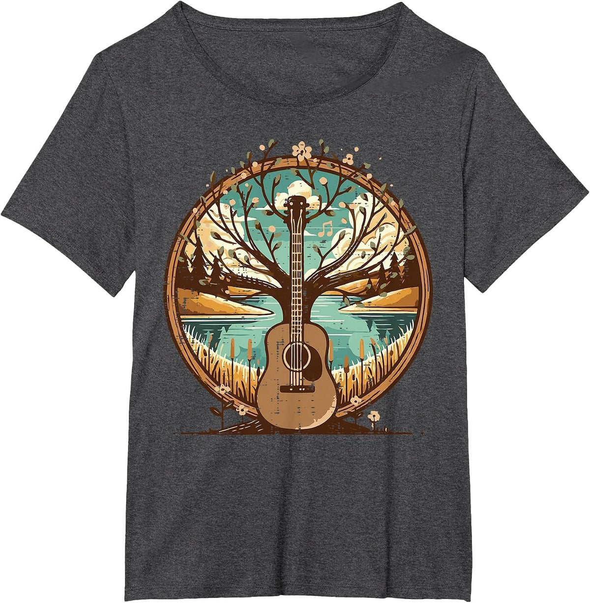 Acoustic Guitar Tree Lake Art Retro Guitarist Women Men Kids T-Shirt - Dark Heather Grey