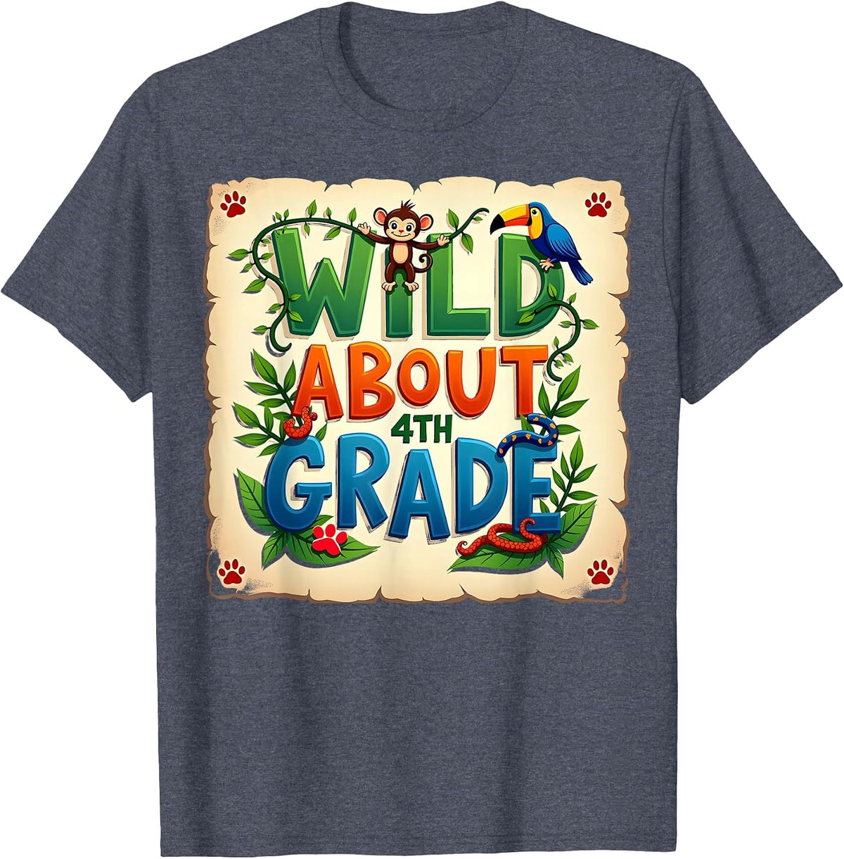 Mademark School & Back to School T-Shirt - Heather Blue-wild About 4th Grade Jungle