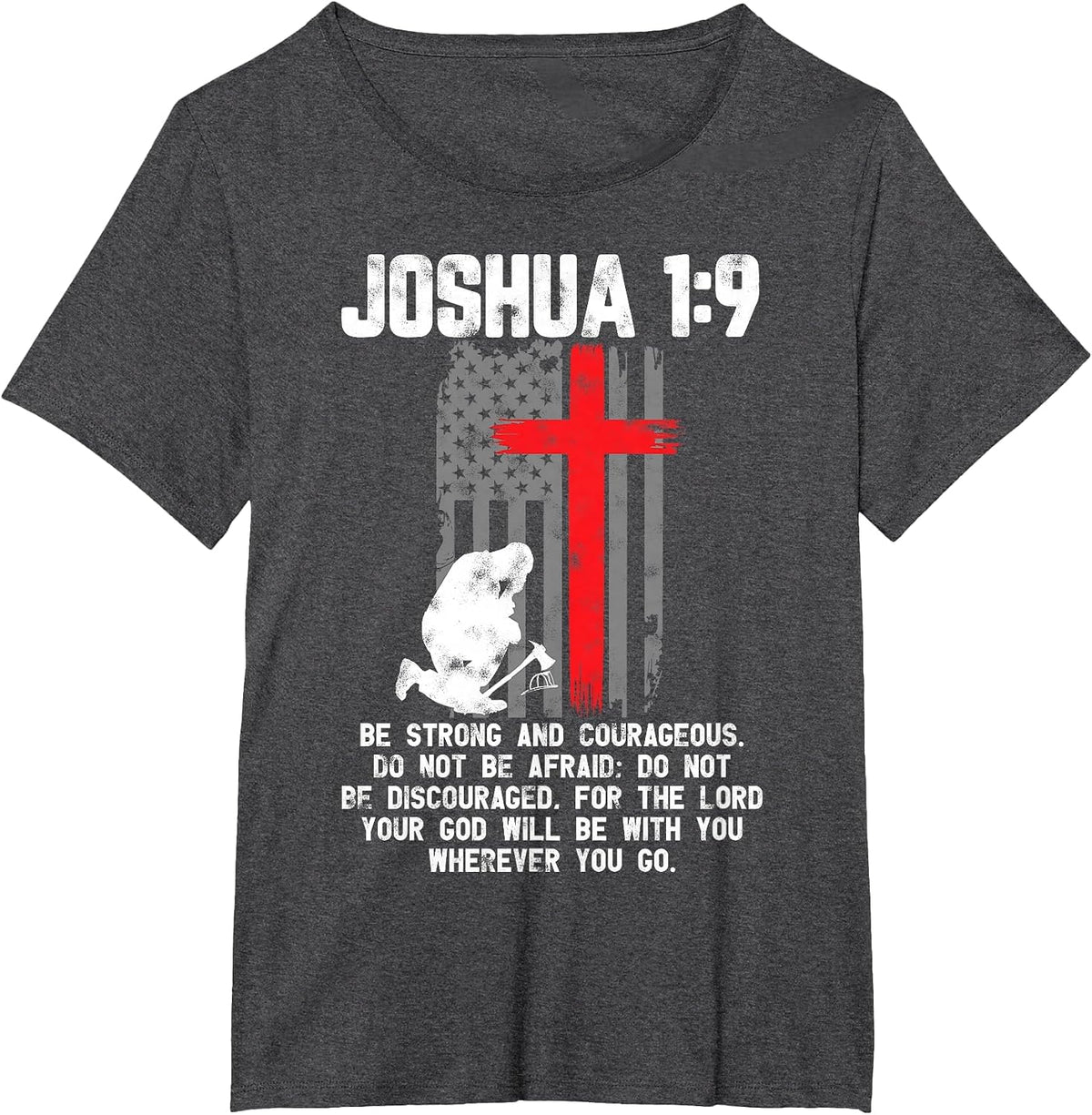 Thin Red Line Firefighter Cross Bible Verse Christian T-Shirt - Dark Heather Grey
