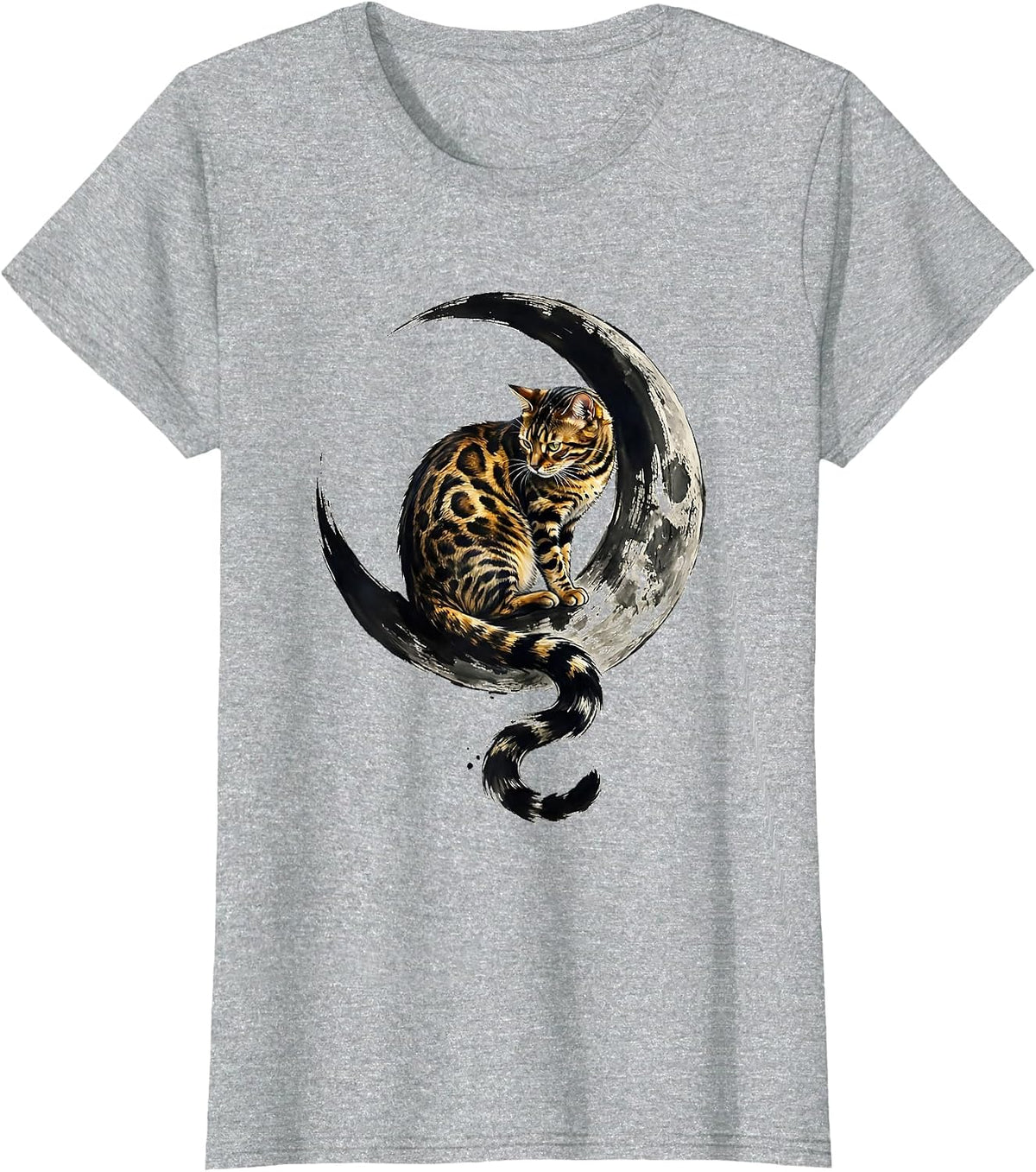 Women's Bengal Cat on Crescent Moon Lover Gift T-Shirt - Heather Grey