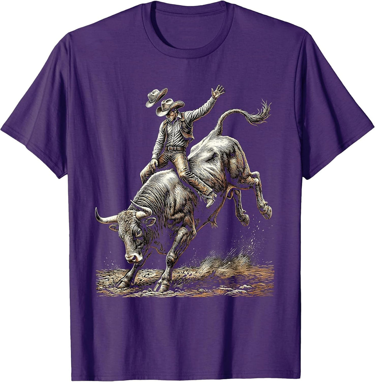 Rodeo Cowboy Bull Riding Graphic Tee T-Shirt - Purple
