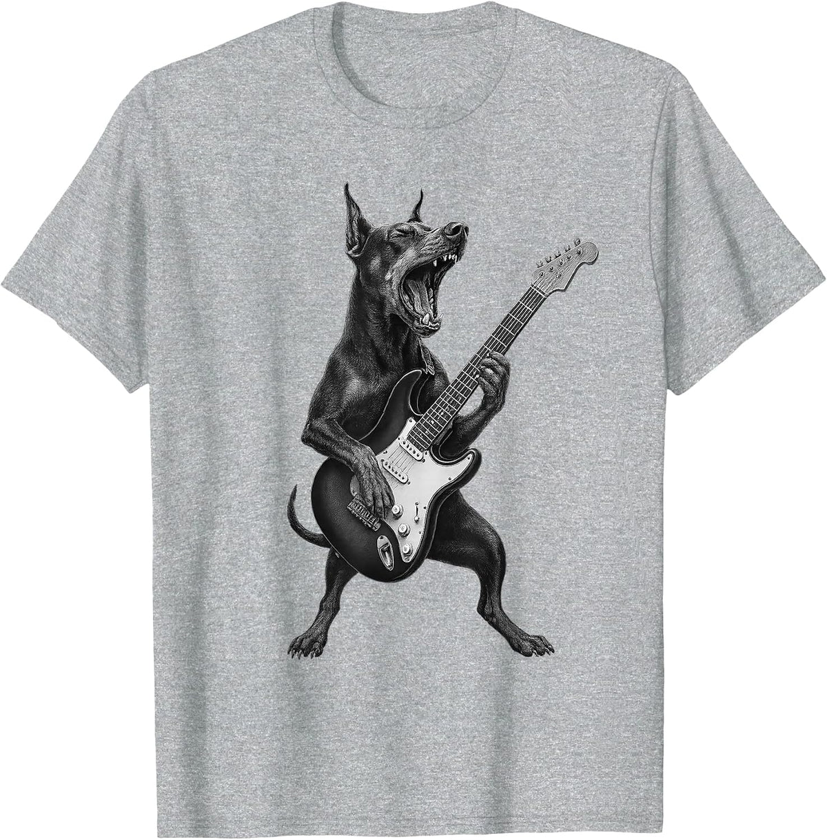 Doberman Pinscher Playing Guitar Rock Music Dog Lover T-Shirt - Heather Grey