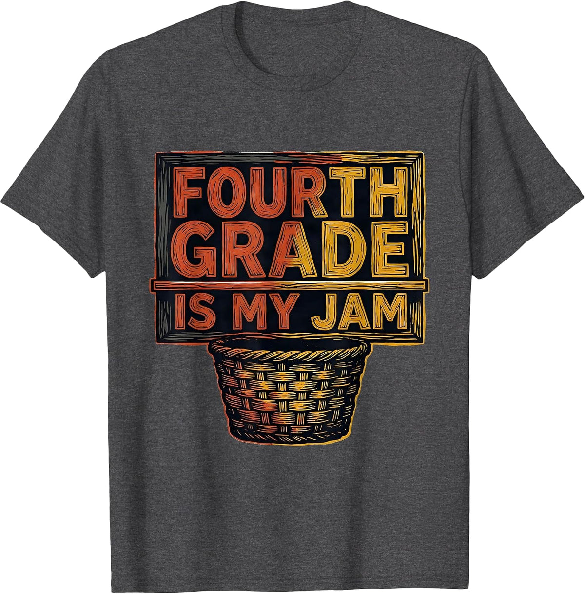 Fourth Grade Is My Jam Retro Linocut Teacher Student Back T-Shirt - Dark Heather Grey