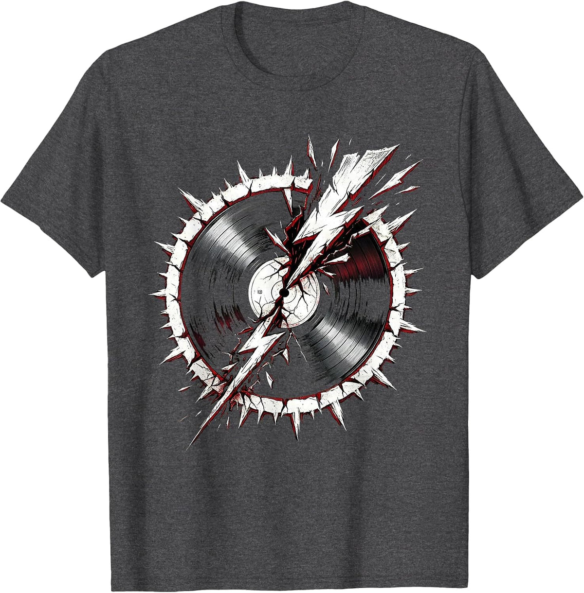 Men's Vinyl Record Lightning Bolt Crack Rock Music Tee T-Shirt - Dark Heather Grey