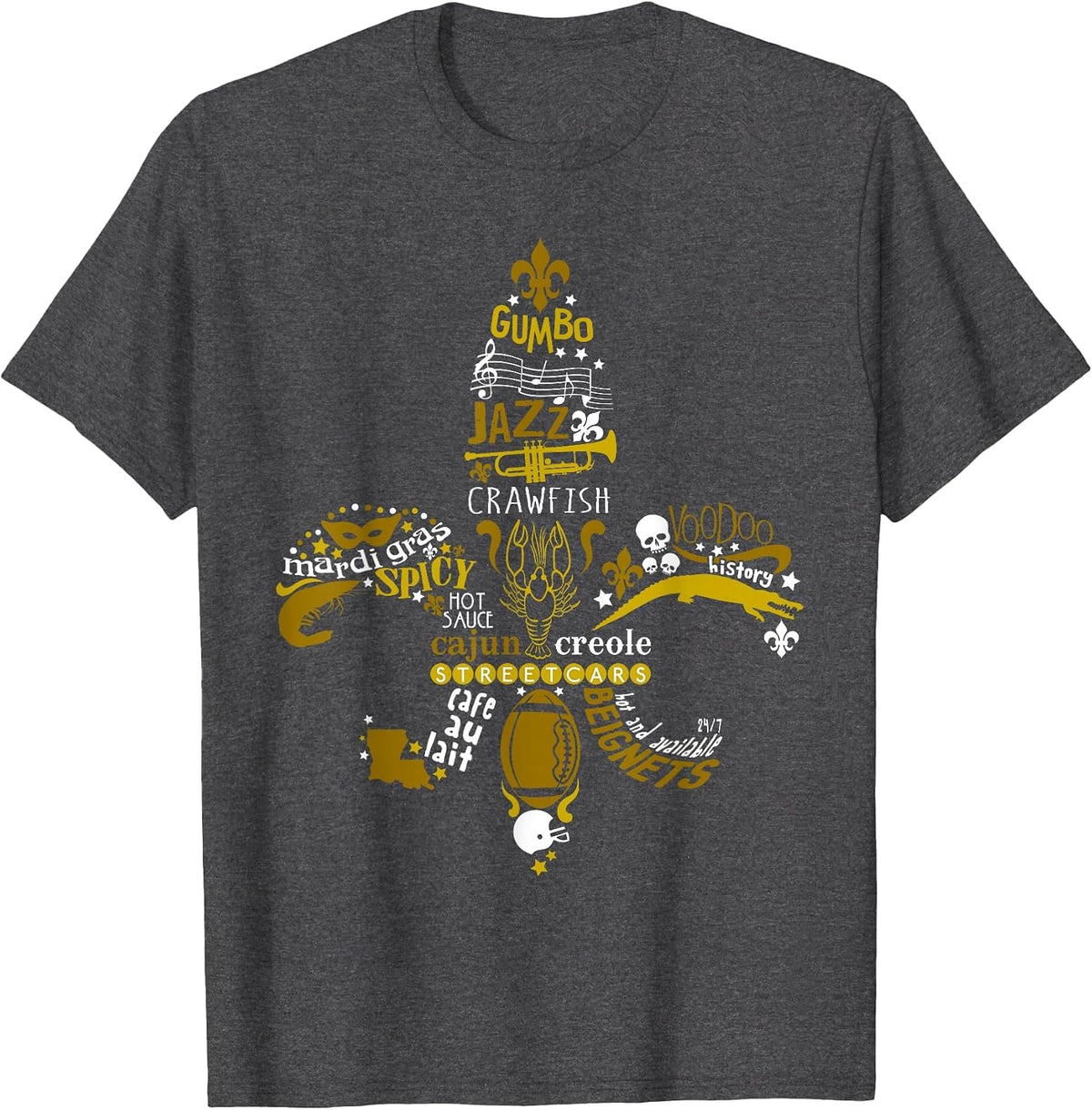 New Orleans Fleur De Lis Mardi Gras and Football T-Shirt - Dark Heather Grey