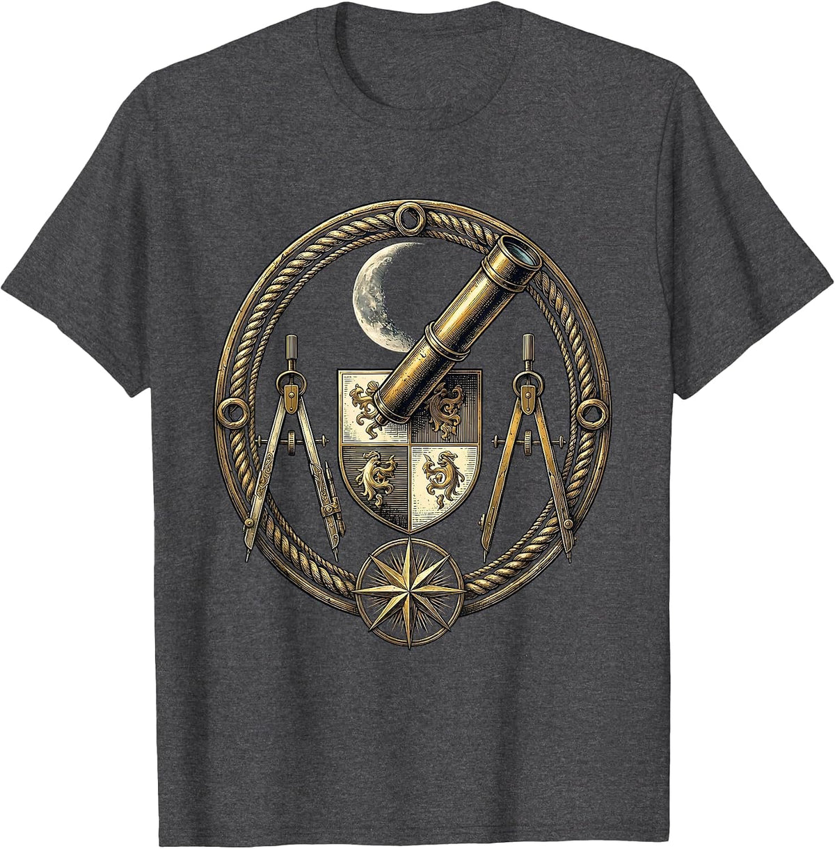 Renaissance Astronomer Telescope Crescent Moon Art T-Shirt - Dark Heather Grey