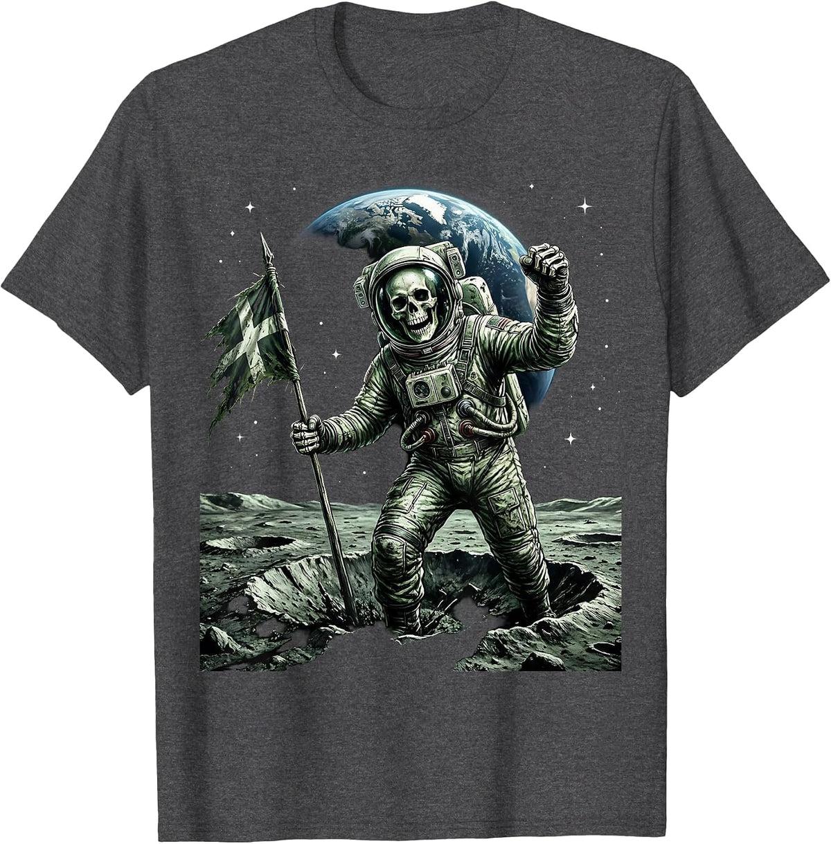 Skeleton Astronaut Planting Flag on Moon T-Shirt - Dark Heather Grey