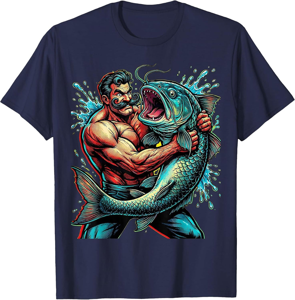 Men's Catfish Wrestling Mustached Fighter Novelty Graphic T-Shirt - Navy Blue