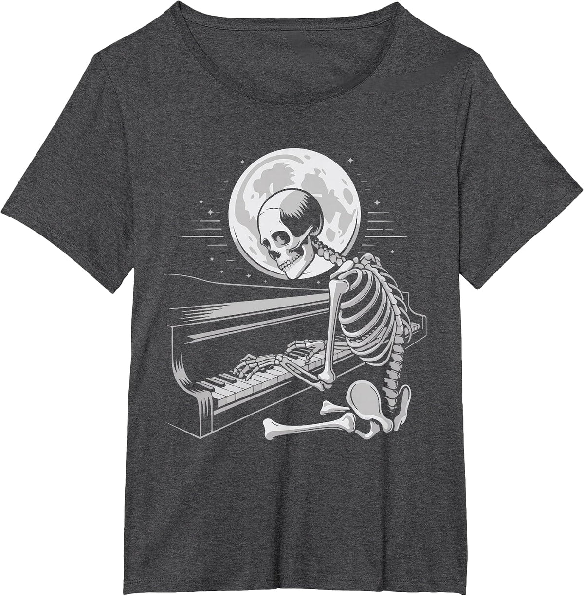 Skeleton Playing Piano Moon Halloween Pianist T-Shirt - Dark Heather Grey