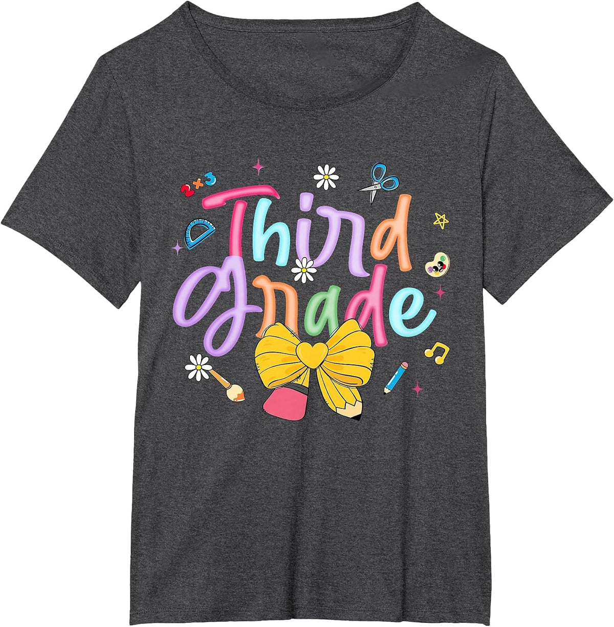 First Day of Third Grade Coquette Bow Pencil Teacher Student T-Shirt - Dark Heather Grey
