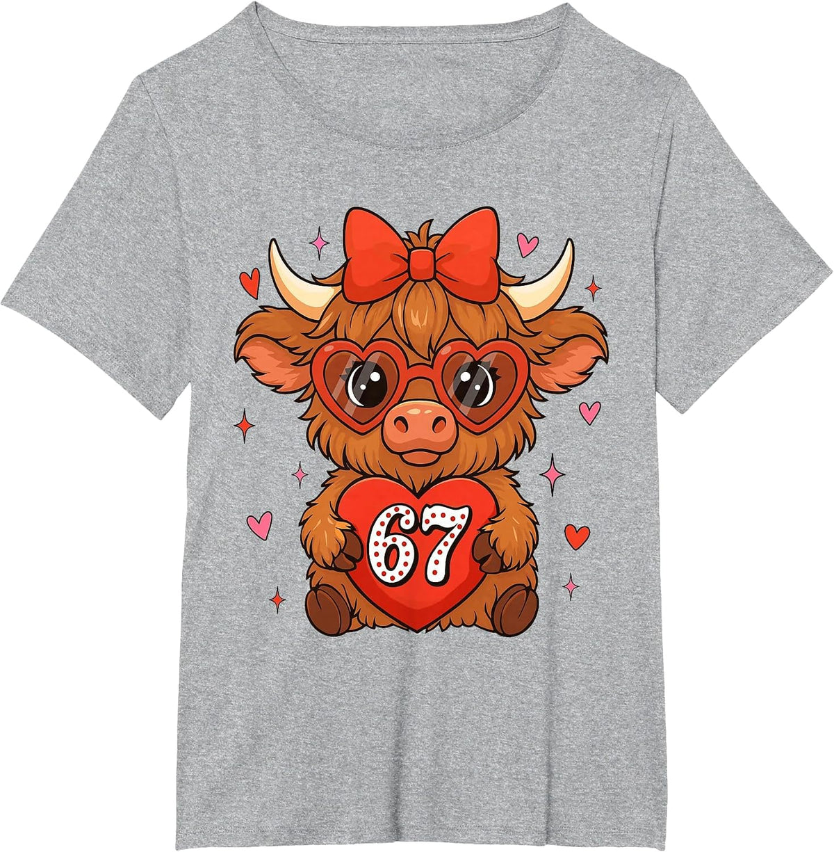 67 Meme Six Seven Cute Valentine Highland Cow Coquette Women T-Shirt - Heather Grey
