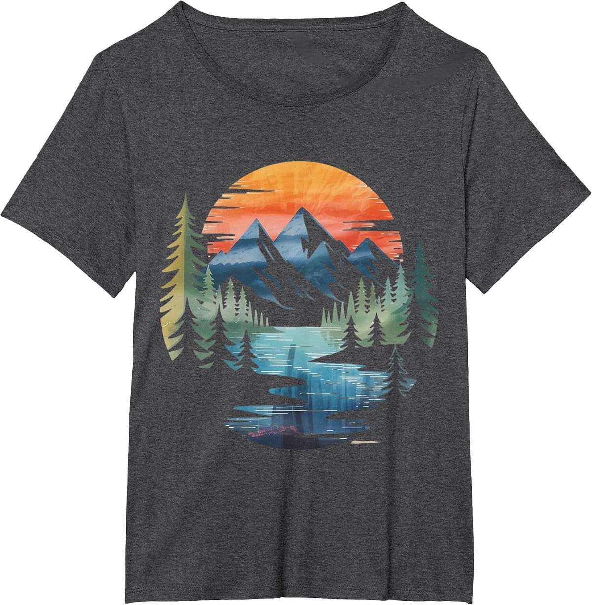Vintage Mountain Sunset Forest Landscape Graphic River Art T-Shirt - Dark Heather Grey