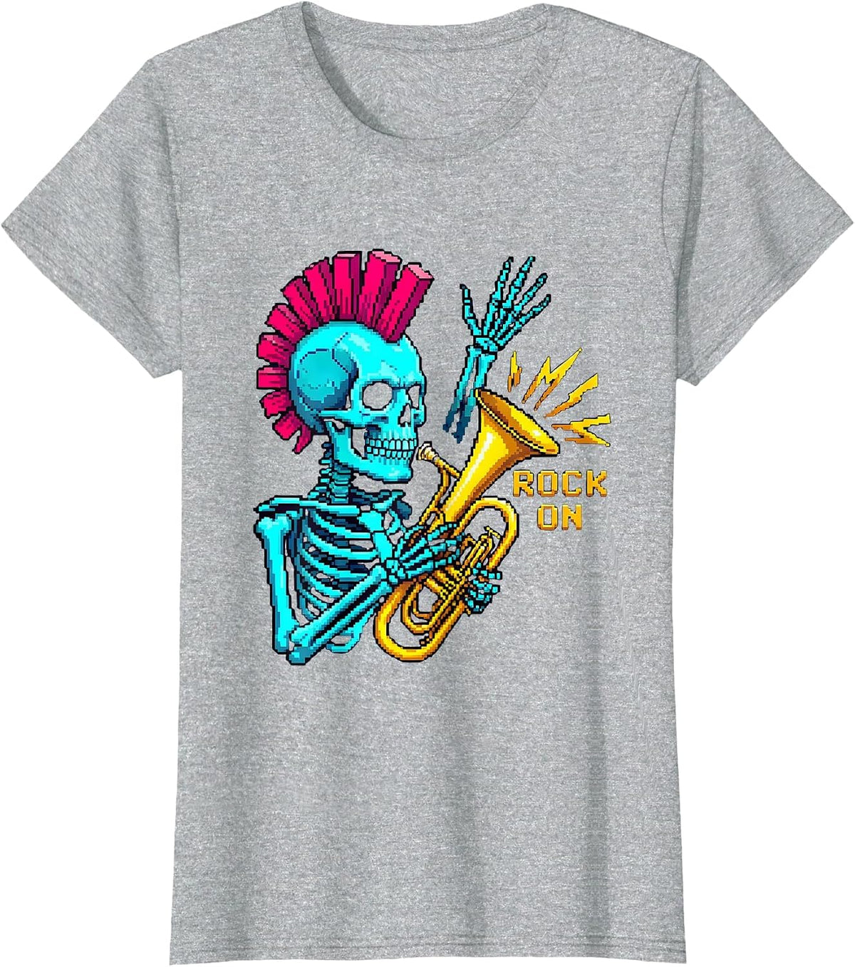 Women's Rock On Punk Skeleton Skull Halloween Music Humor T-Shirt - Heather Grey
